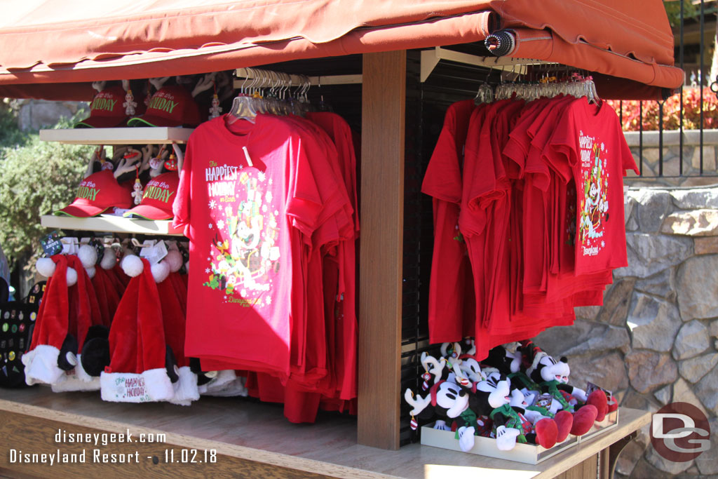 Christmas merchandise on the carts along the parade route near Cars Land.