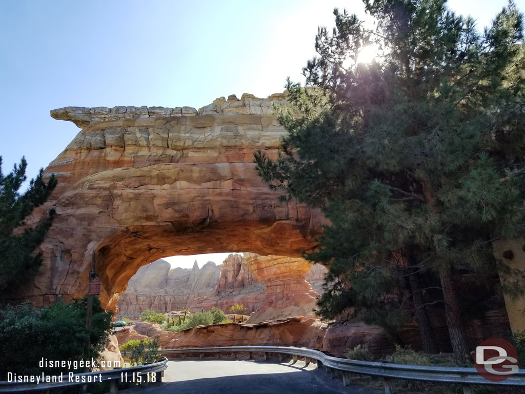 On our way to Cars Land.  The app said Luigis had a 5 minute wait.. the sign at the entrance said 25 which looked more accurate, so we skipped it.