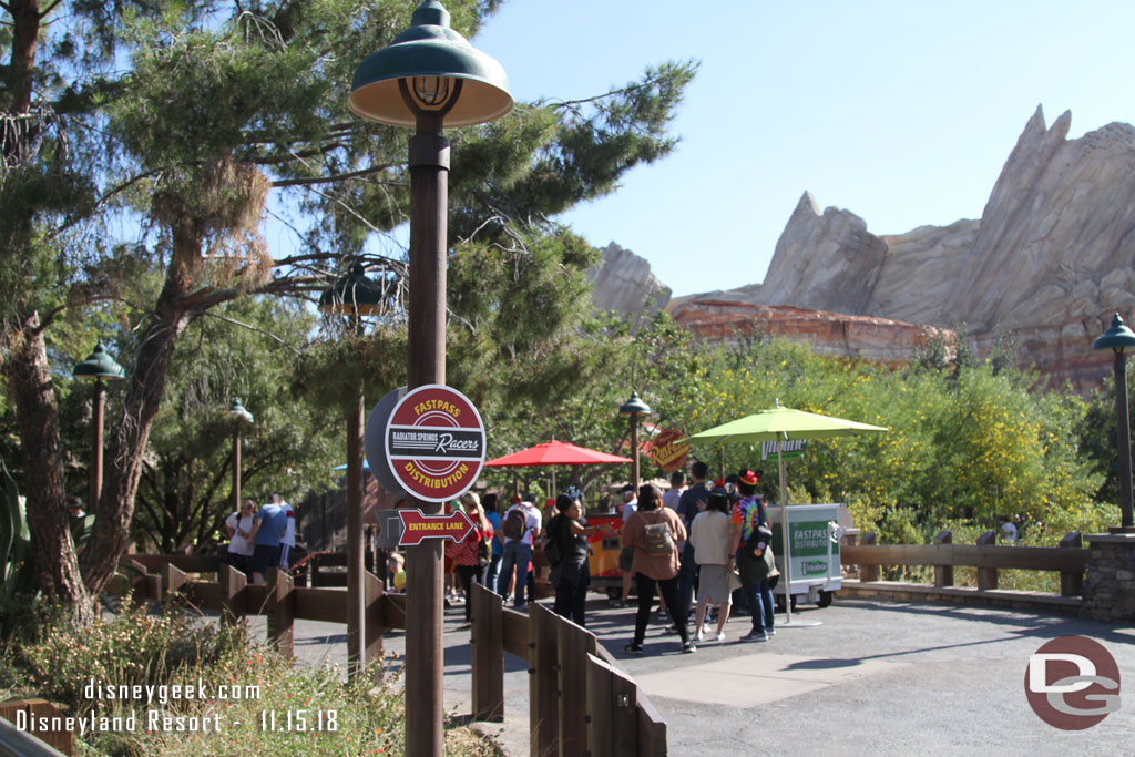 FastPass distribution for Radiator Springs Racers was almost done for the day already.  Our group picked up some for early afternoon early.