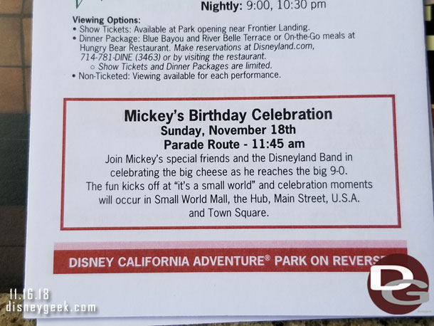 On the Times Guide there is a blurb about Mickey's Birthday celebration on Sunday.