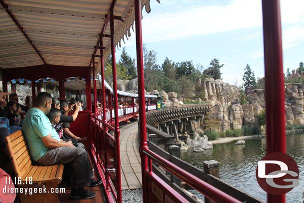 Riding the rails along the Rivers of America aboard the Disneyland Railroad.