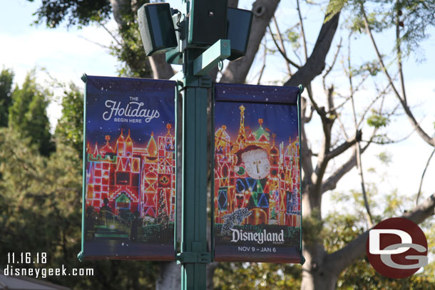 Holiday banners line Downtown Disney.