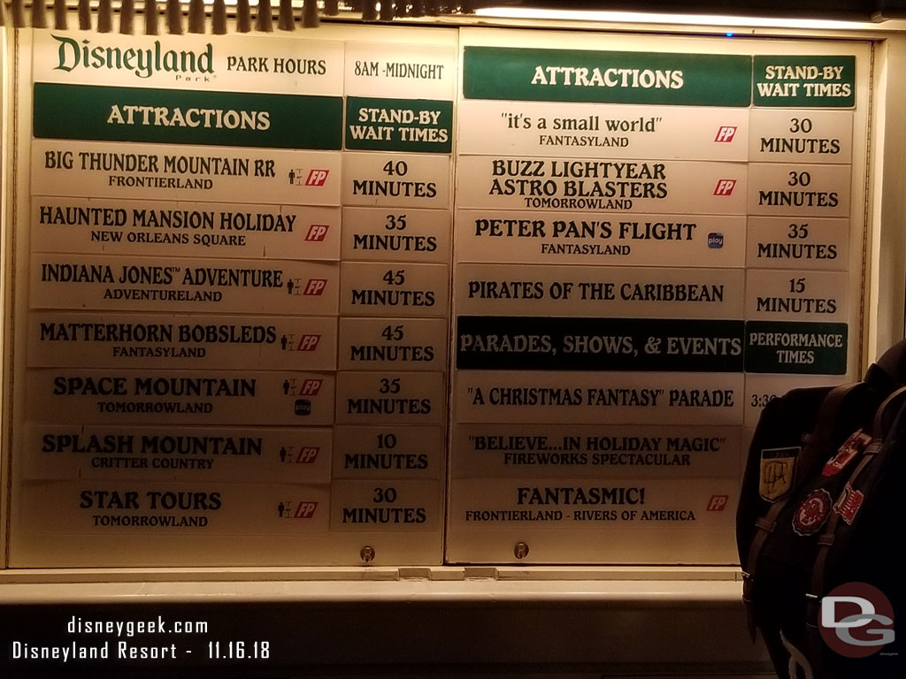 Disneyland wait times at 7:22pm