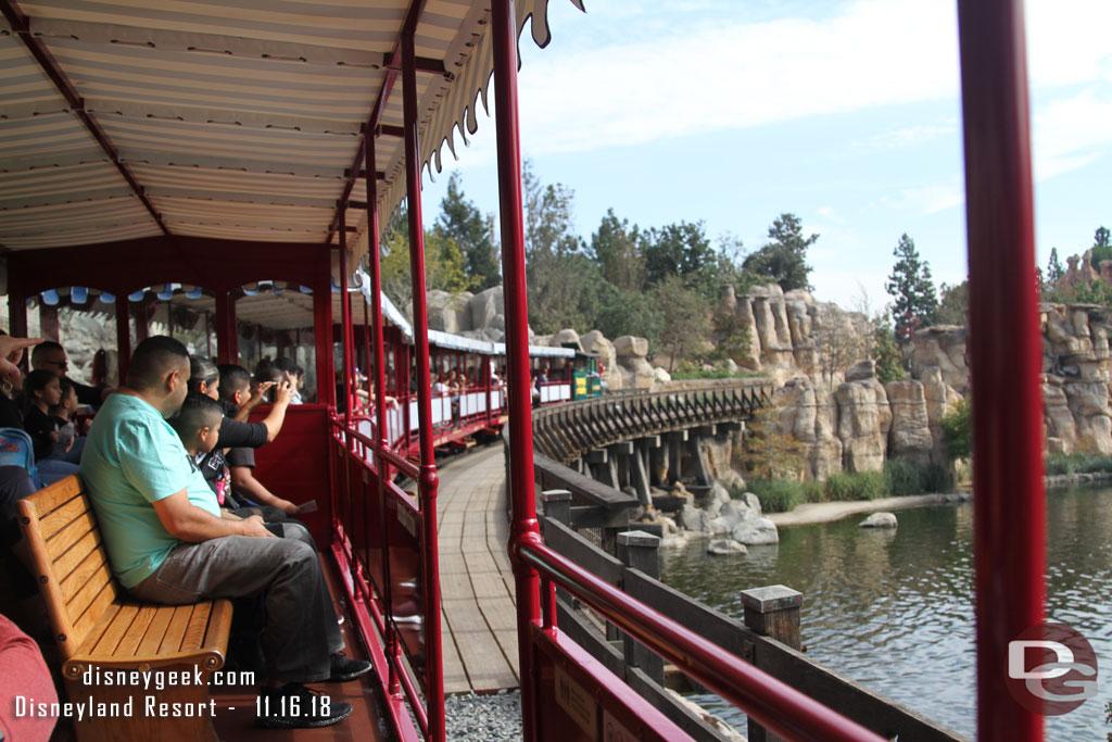 Riding the rails along the Rivers of America aboard the Disneyland Railroad.