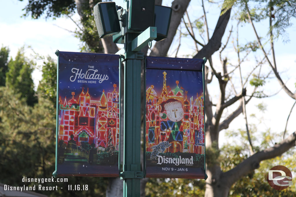 Holiday banners line Downtown Disney.