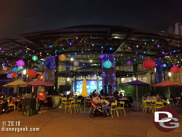 The food truck eating area Christmas decorations.