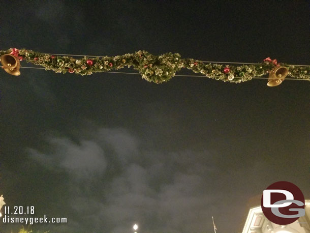 One of the garlands that spanned the street was not lit this evening.