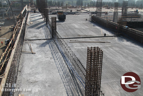 Let us start off with a look at the new parking structure construction.  Here is a look at the 5th floor connection between the two garages.  The concrete roadbed has been poured and they have rebar up for the walls and support columns for the roof.