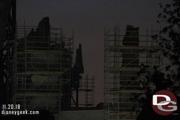 The spires of Black Spire Outpost lit up slightly by some work lights below them.