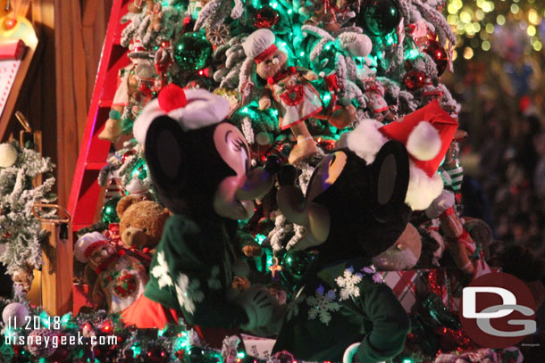 Mickey and Minnie during A Christmas Fantasy Parade at Disneyland