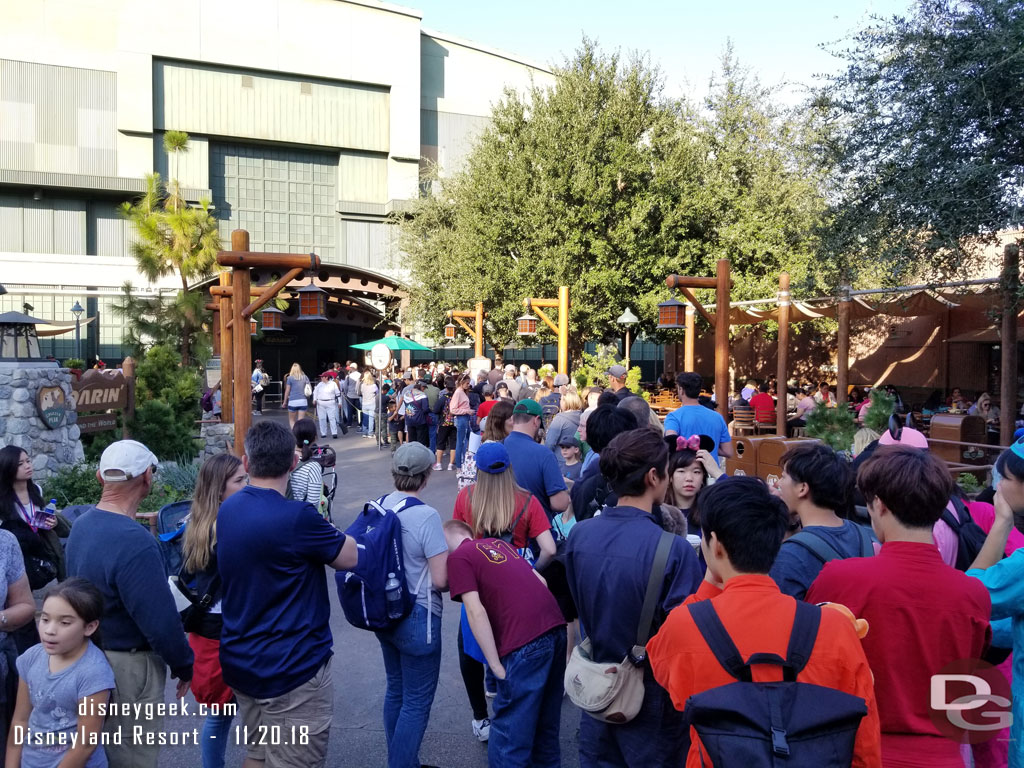 The FastPass return for Soarin was really backed up.  The switchbacks up near the entrance were full and the queue spilled out to the walkway.