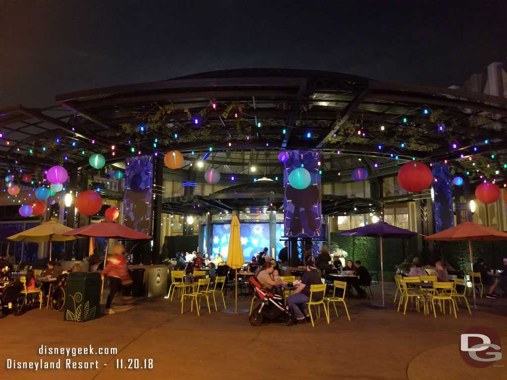 The food truck eating area Christmas decorations.