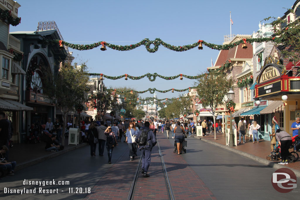 Main Street USA has received its final decorations.  Garlands now span the street.