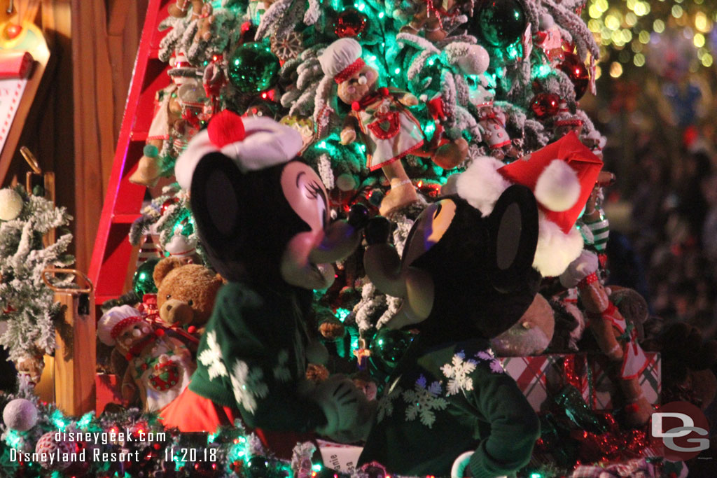 Mickey and Minnie during A Christmas Fantasy Parade at Disneyland