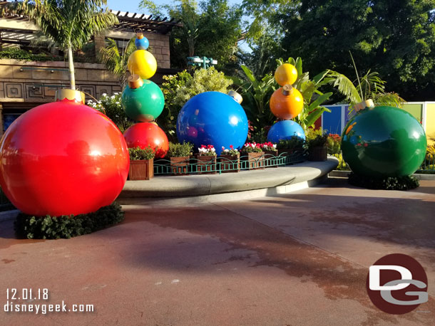 Ornaments added to the Downtown Disney decorations.  These look to be the ones from Bug's Land at DCA or at least the same type.