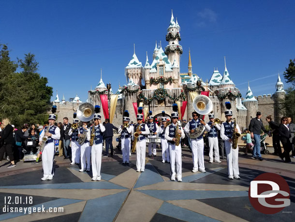 The Disneyland Band arriving to perform in front of Sleeping Beauty Castle.