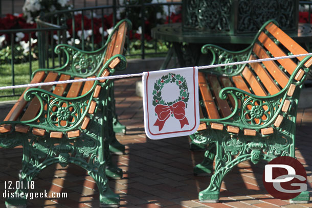 Reserved benches for this evening.  The other side had a half dozen standby benches that were claimed at park opening.