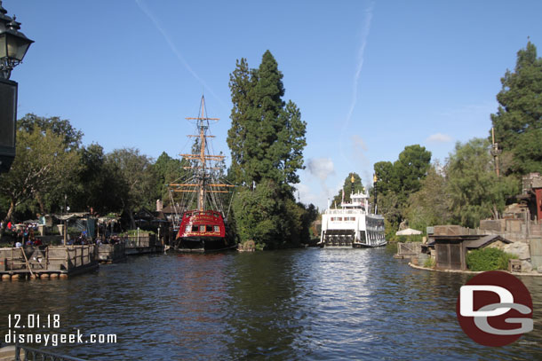 The Mark Twain passing by the Columbia on the Rivers of America.