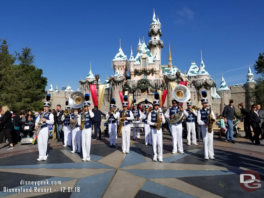 The Disneyland Band arriving to perform in front of Sleeping Beauty Castle.