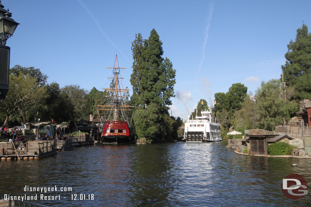 The Mark Twain passing by the Columbia on the Rivers of America.