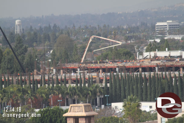 Here you can see crews working on a portion of the garage and the large arm/boom for the concrete pumping truck.