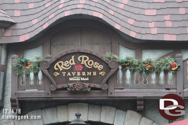 Red Rose Taverne sign and Christmas decorations.  It appears the Taverne is here to stay for a while.