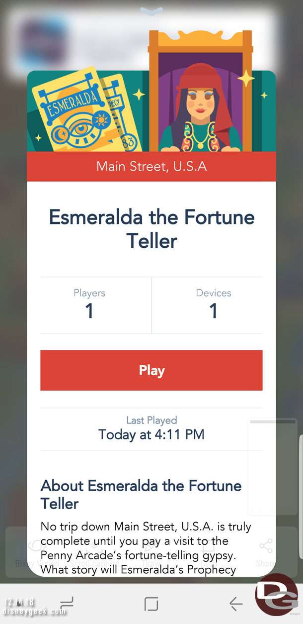 The Play Disney App recently added two new features where you can interact with Esmeralda and Fortune Red. So I stopped by the Penny Arcade to visit Esmeralda.