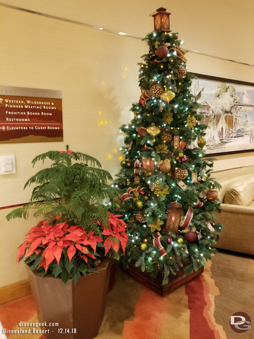 Christmas trees in the Frontier Tower lobby.