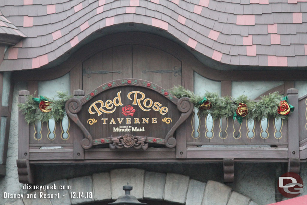 Red Rose Taverne sign and Christmas decorations.  It appears the Taverne is here to stay for a while.