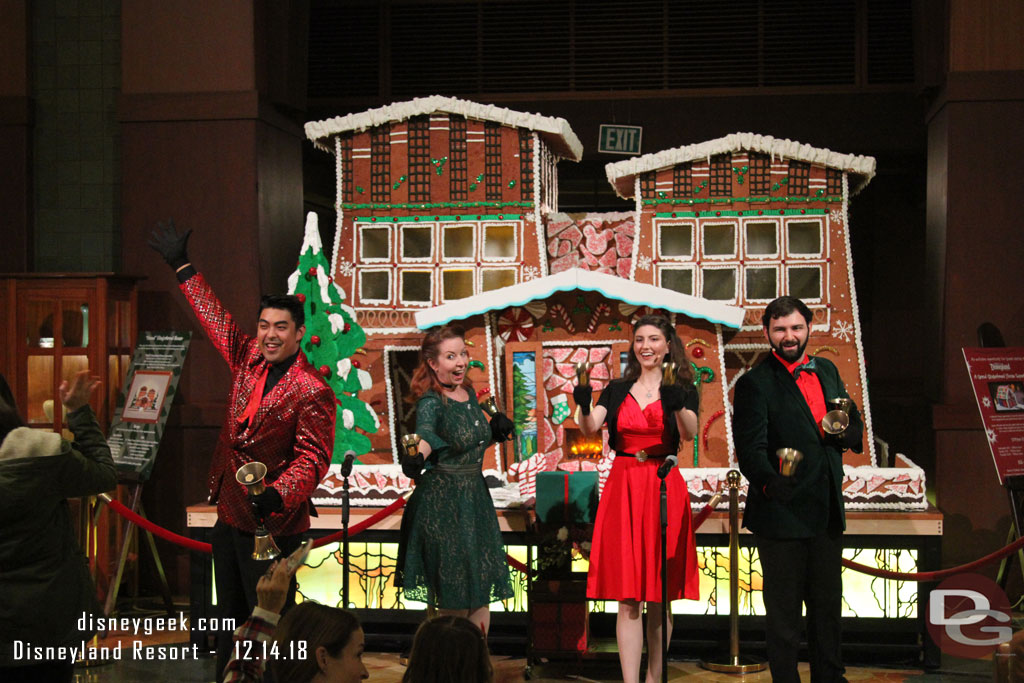 Holiday Handbell Carolers performing in the lobby of the Grand Californian Hotel.