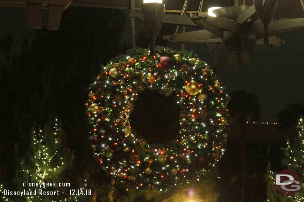 A wreath out front of the Grand Californain Hotel.