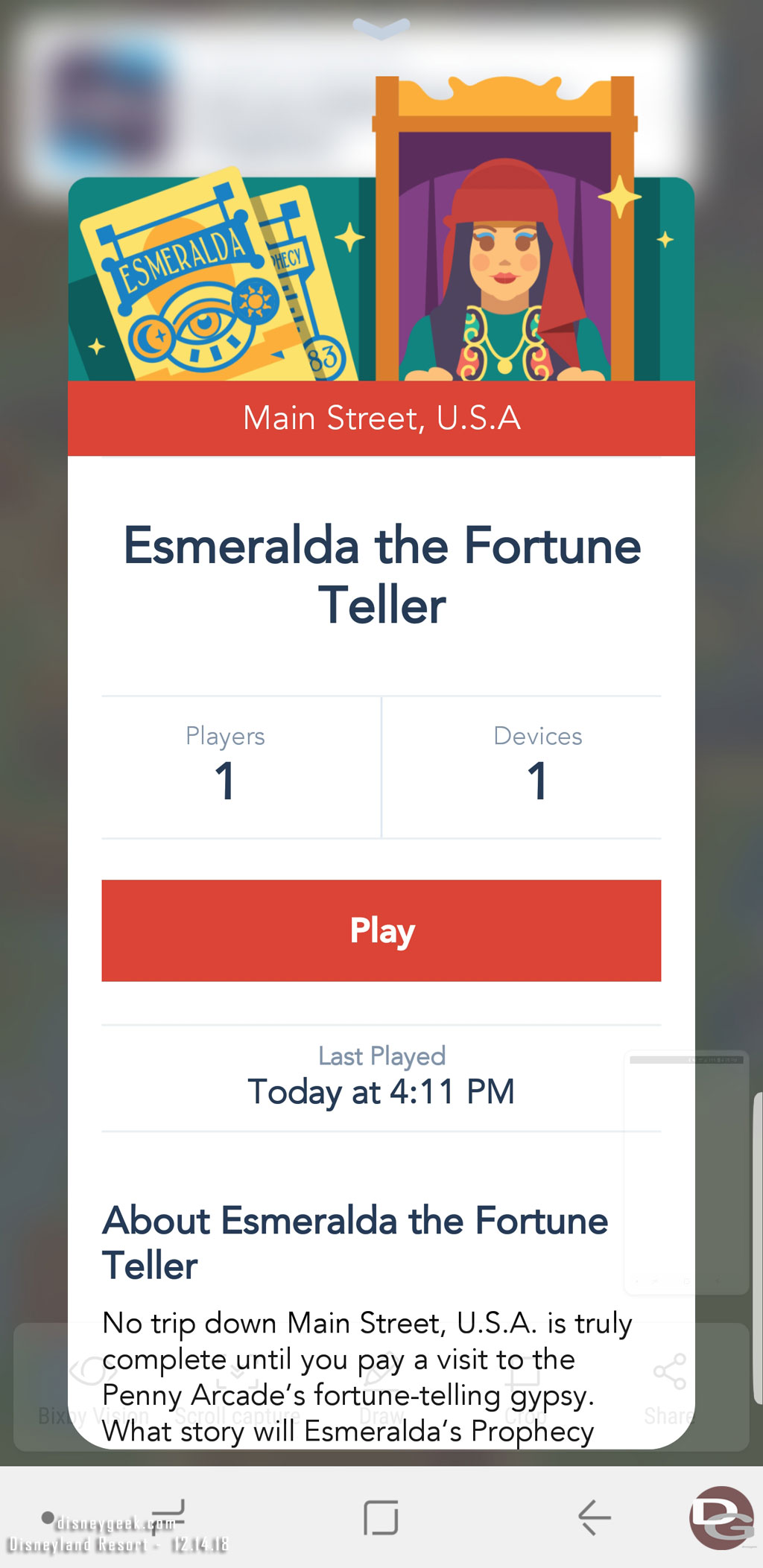 The Play Disney App recently added two new features where you can interact with Esmeralda and Fortune Red. So I stopped by the Penny Arcade to visit Esmeralda.