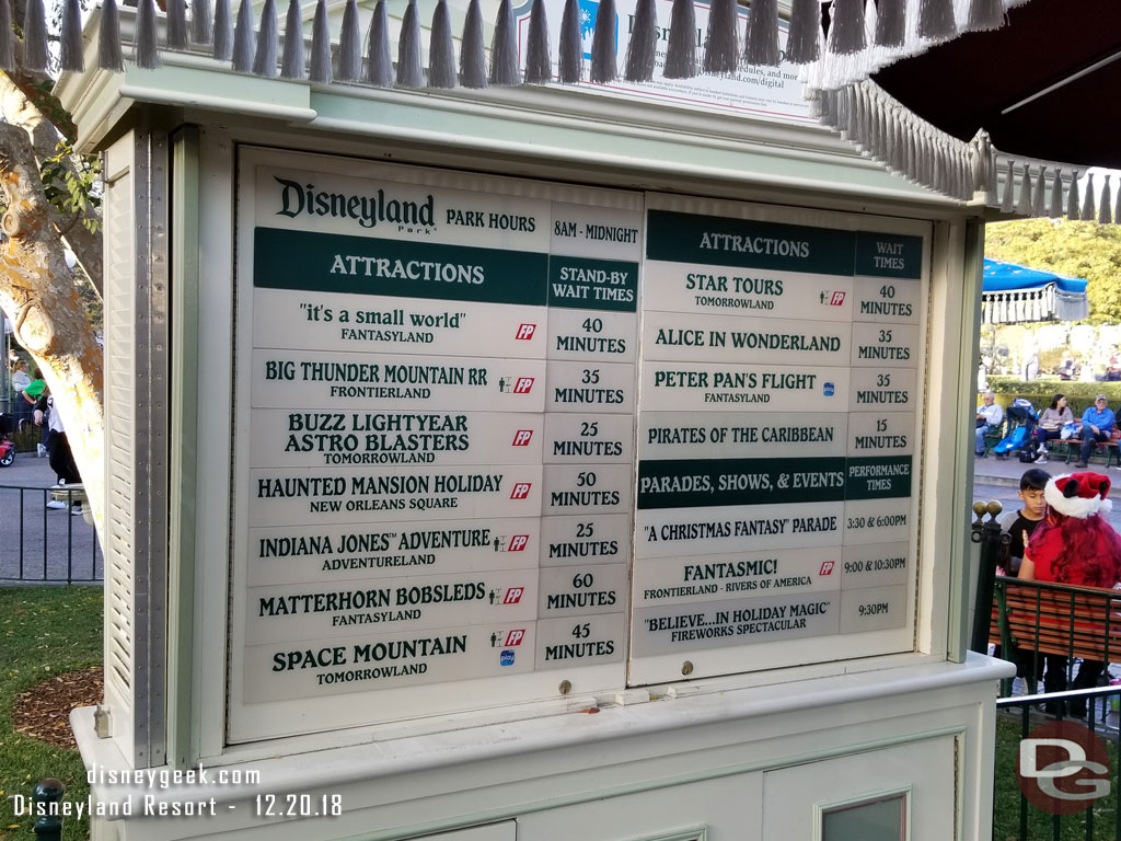 The Disneyland Wait time board has returned to operation.  Here they are at 3:30pm