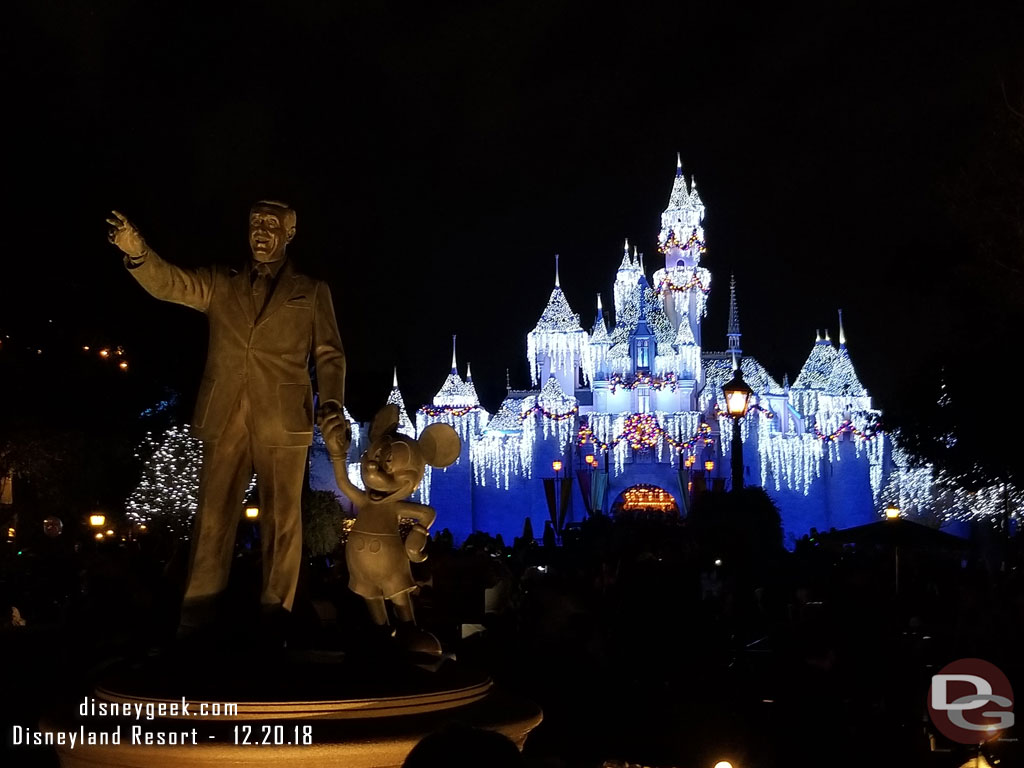 Walt and Mickey Partners Statue with Sleeping Beauty Castle