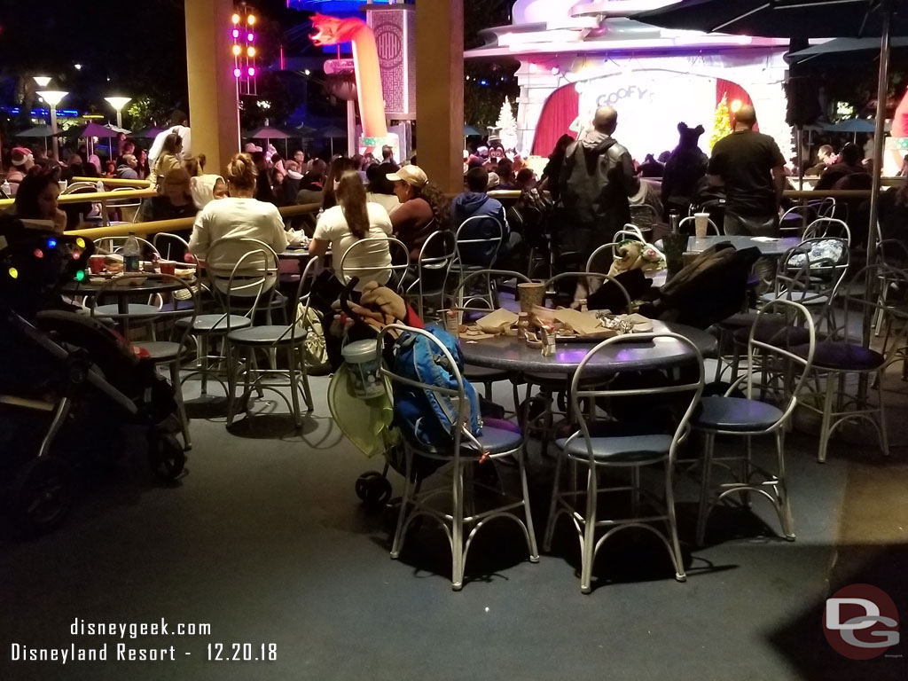 Tomorrowland Terrace is back to normal with chairs and guests everywhere.  