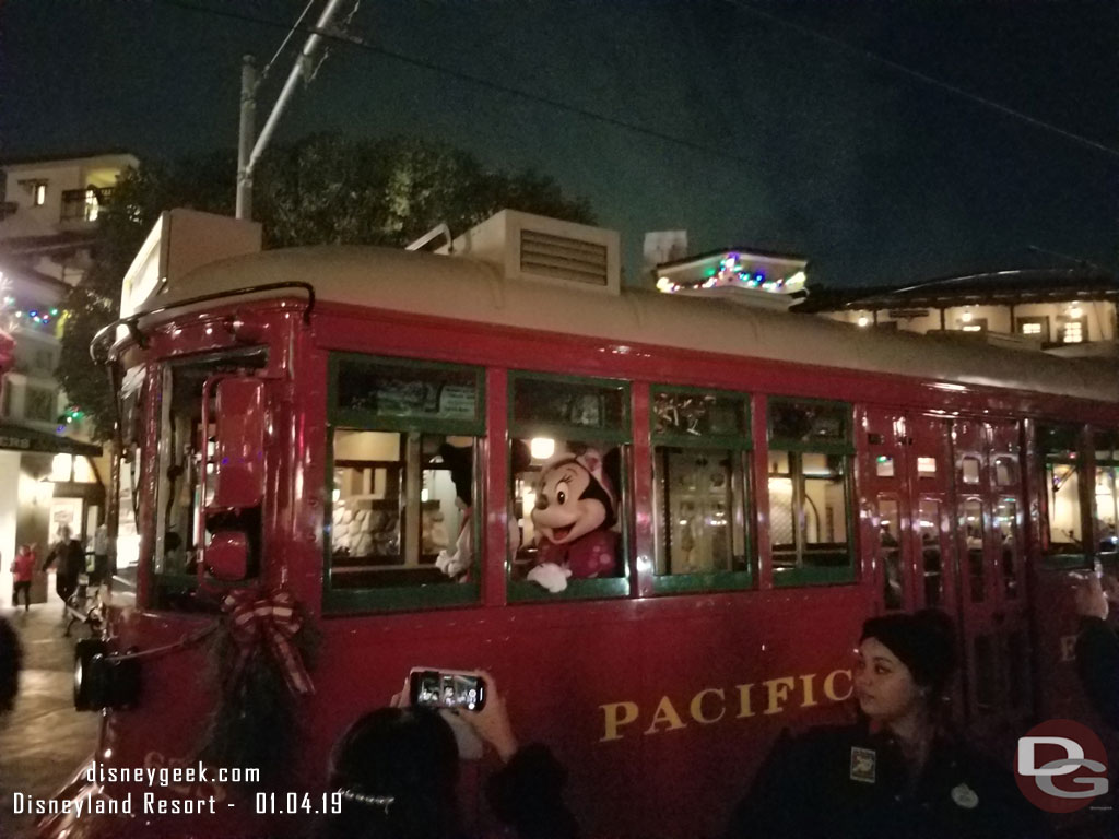 Mickey and Minnie Mouse were onboard the last Red Car to leave Buena Vista Street this evening.  It was a couple minutes before 9pm and they waved goodbye to everyone and set off (no music or announcement just a photo op).