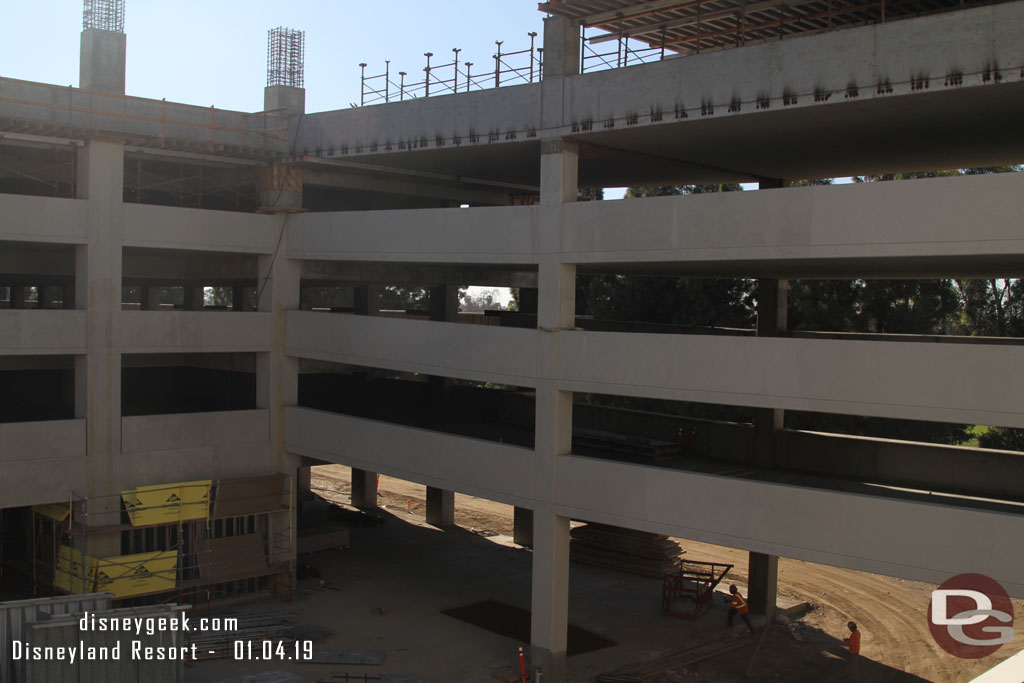 The view from the 3rd Floor of the Mickey and Friends Parking structure looking at the new one.  These are the connection spans in the back of the garage (furthest from the tram stop).  The forms for the 6th floor are being set up.