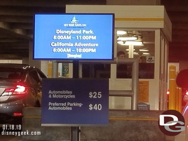 Since my last visit prices for parking and park tickets have gone.  Current Disneyland parking is $25 regular or $40 for preferred.