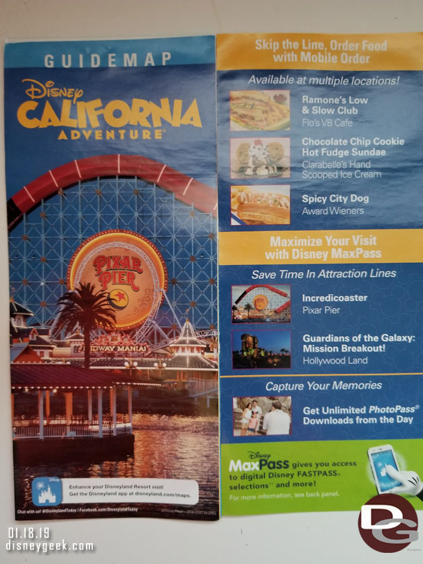 First stop today, Disney California Adventure.  Here is the current park map cover and ad page.