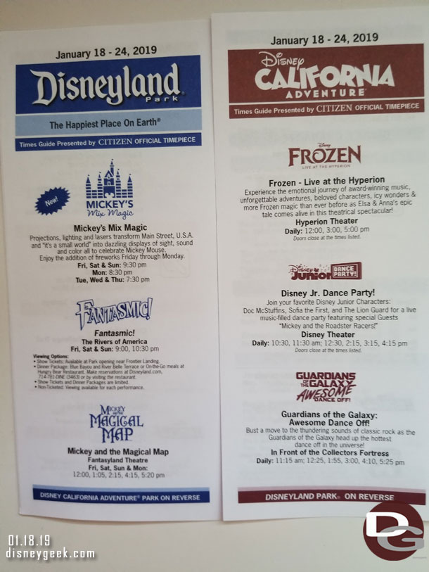 Times guide for the parks.