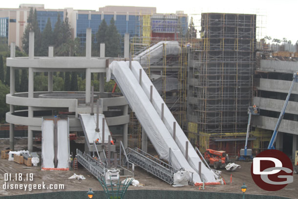 Moving over to the south facing side of the structure and a look at the new parking structure escalator area.  Since my last visit the 5th floor pair have been installed and the 3rd floor ones are on site and being prepared to be lifted into position.