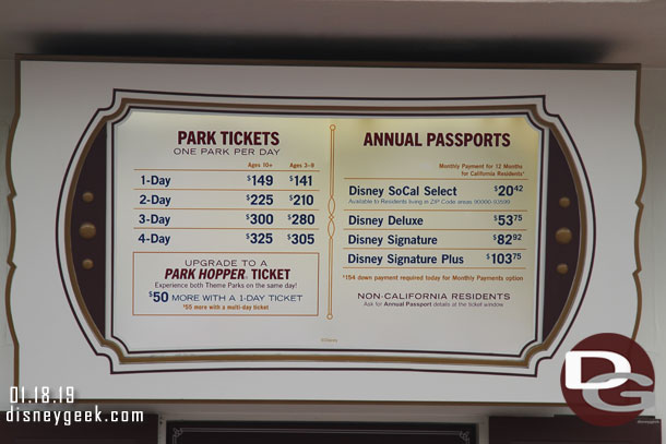 Since my last visit ticket prices have gone up.  here are the prices for today.  It is a peak day due to the holiday so a 1-Day park hopper will run you $199.