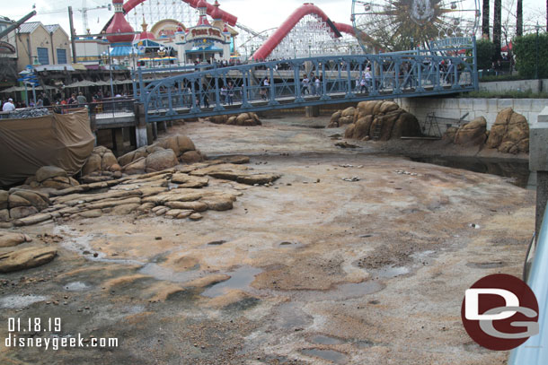 The water basin near the Pacific Wharf has been completely drained. This is for Grizzly River Run which is closed for its annual renovation.