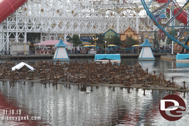 World of Color renovation continues.  The platform closest to Lamplight Lounge was up.  Also the light boxes for Season of Light are still in the bay.