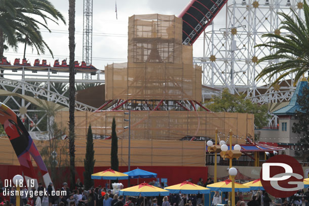 Scaffolding around Jessie's Critter Carousel.  No opening date announced yet, but work is picking up again.