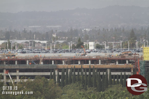 Here you can see the 5th floor looks almost done in the first half of the garage along Magic Way and support columns for the 6th floor (roof level) are poured.