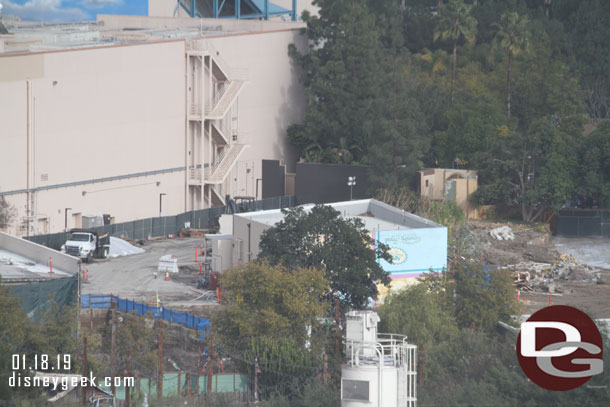 The restroom building is still standing but mostly everything around it is gone.