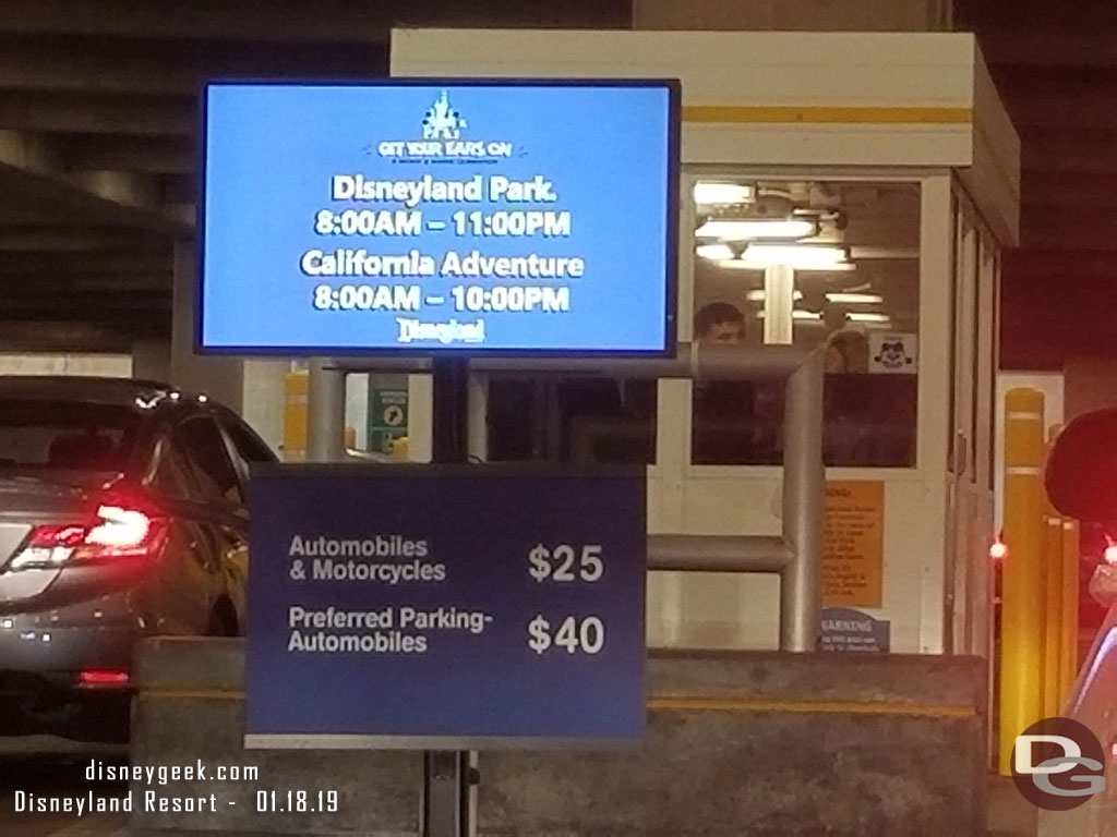 Since my last visit prices for parking and park tickets have gone.  Current Disneyland parking is $25 regular or $40 for preferred.