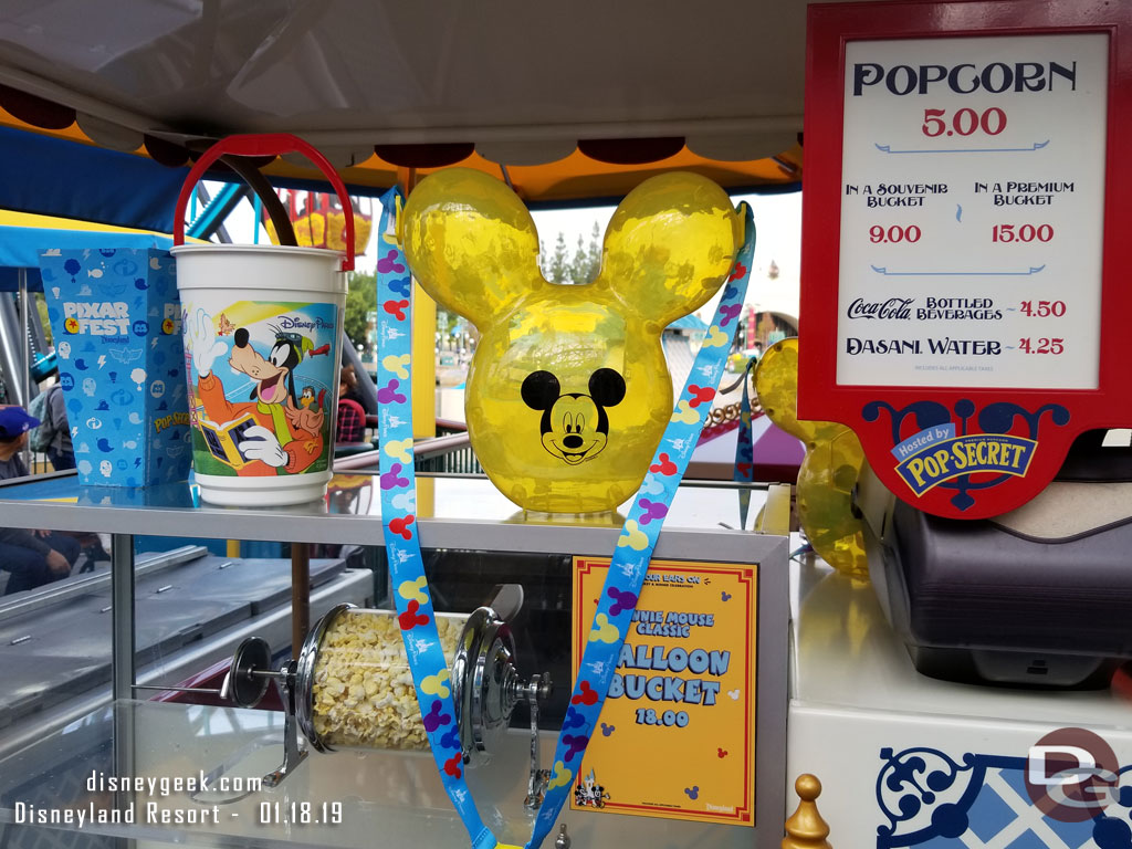 Current popcorn bucket choices on Pixar Pier.