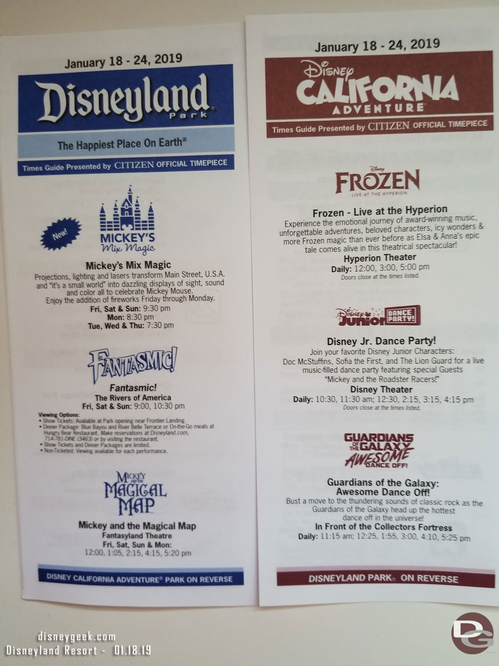 Times guide for the parks.